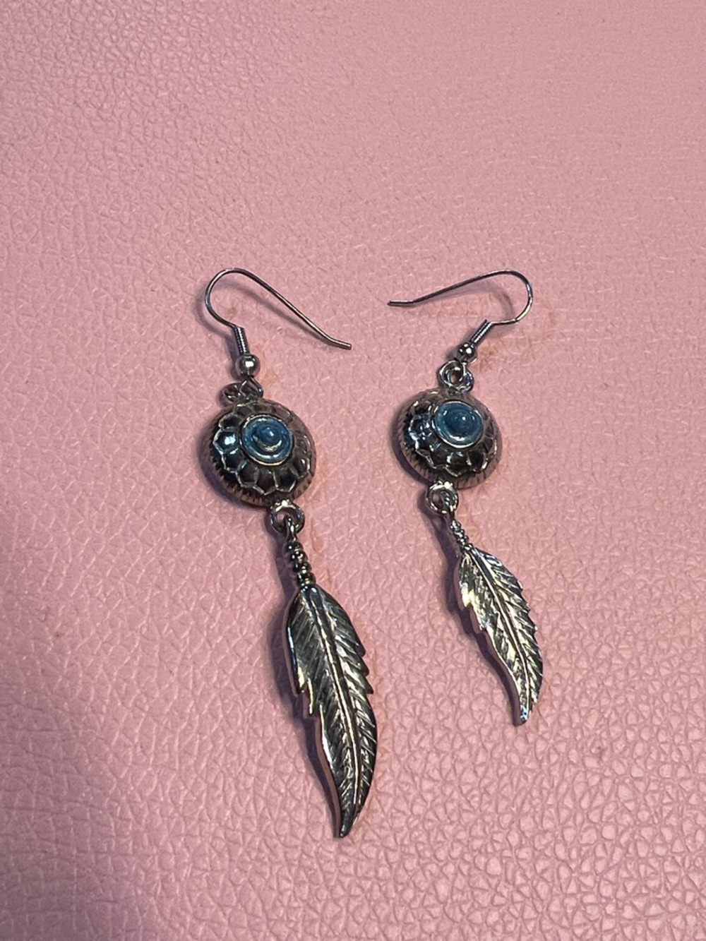 Silver-Tone Blue Stone Feather Drop Earrings